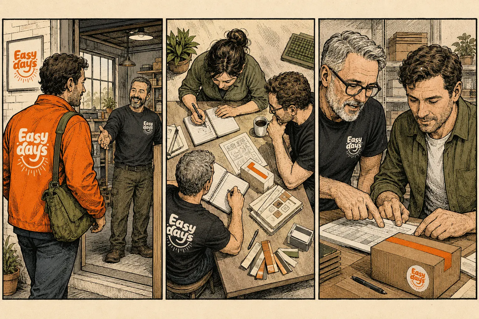 Hand-inked Easy Days comic in three panels: a person in an orange Easy Days jacket being welcomed at the door, the team planning together around a table in Easy Days shirts, and two colleagues reviewing an order sheet beside a taped Easy Days box.