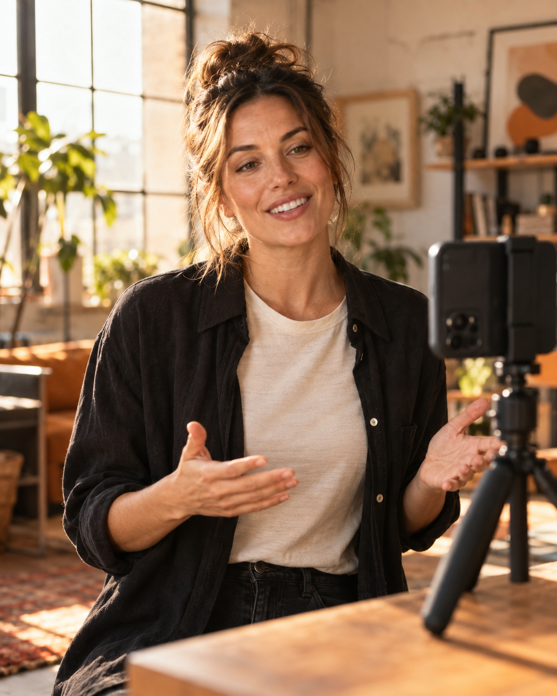Illustrative adult creator recording a video on a smartphone