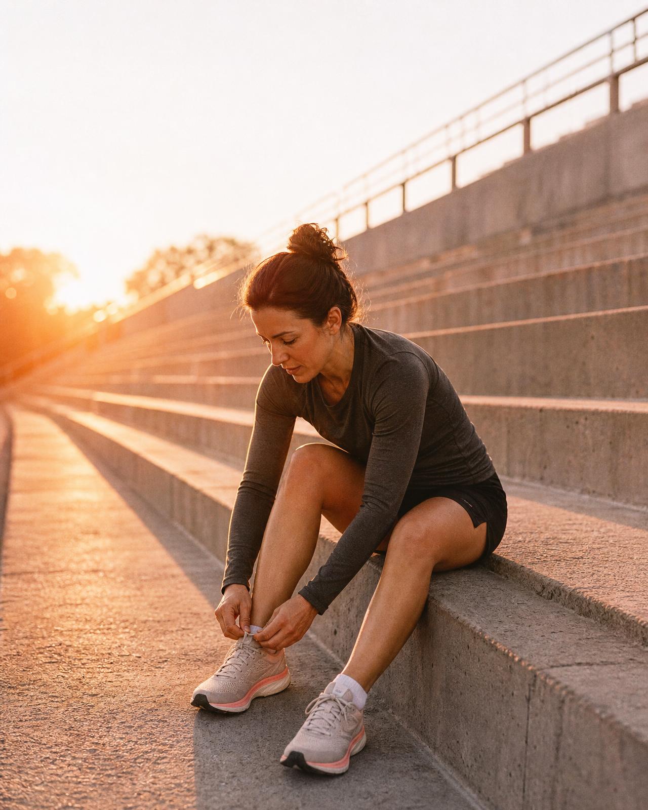 Runner sitting on stadium steps tying a shoe at dawn