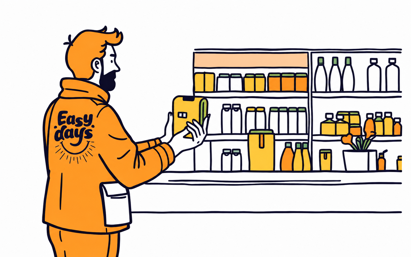 Illustration of a person in an Easy Days jacket restocking a retail shelf