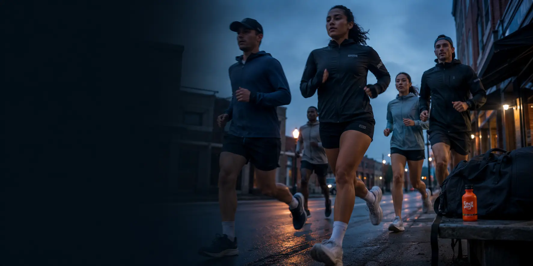 Runners training at dawn with an Easy Days bottle nearby