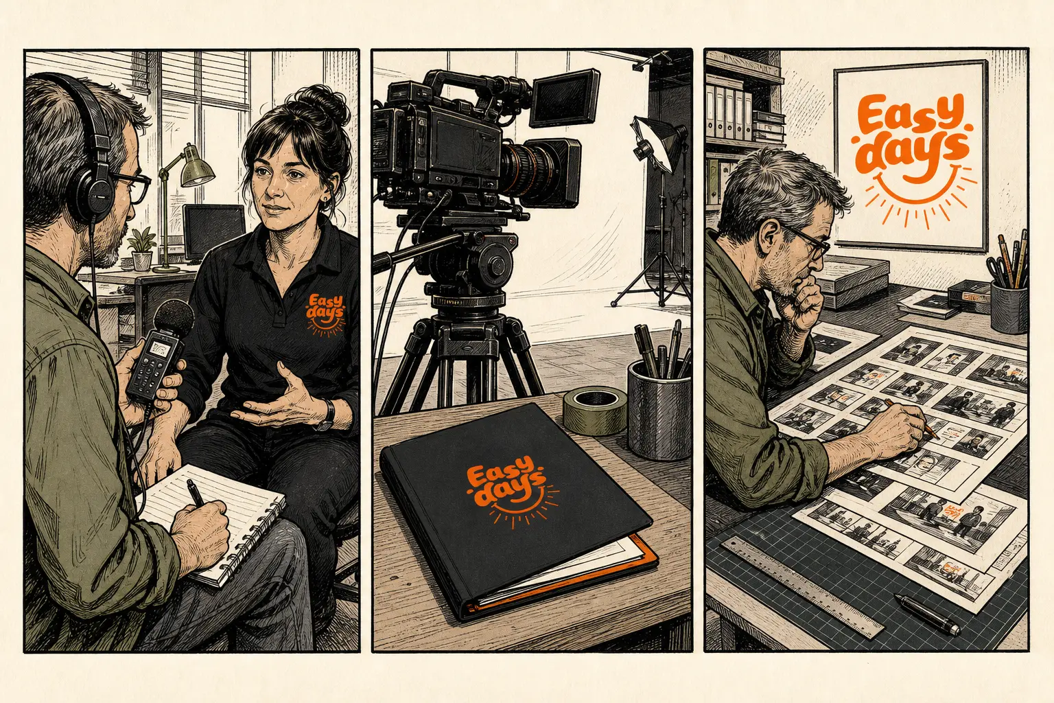 Hand-inked Easy Days comic in three panels: a journalist with headphones interviewing a woman in an Easy Days shirt, a studio camera set up beside an Easy Days press folder, and an editor laying out press pages at a desk under an Easy Days poster.