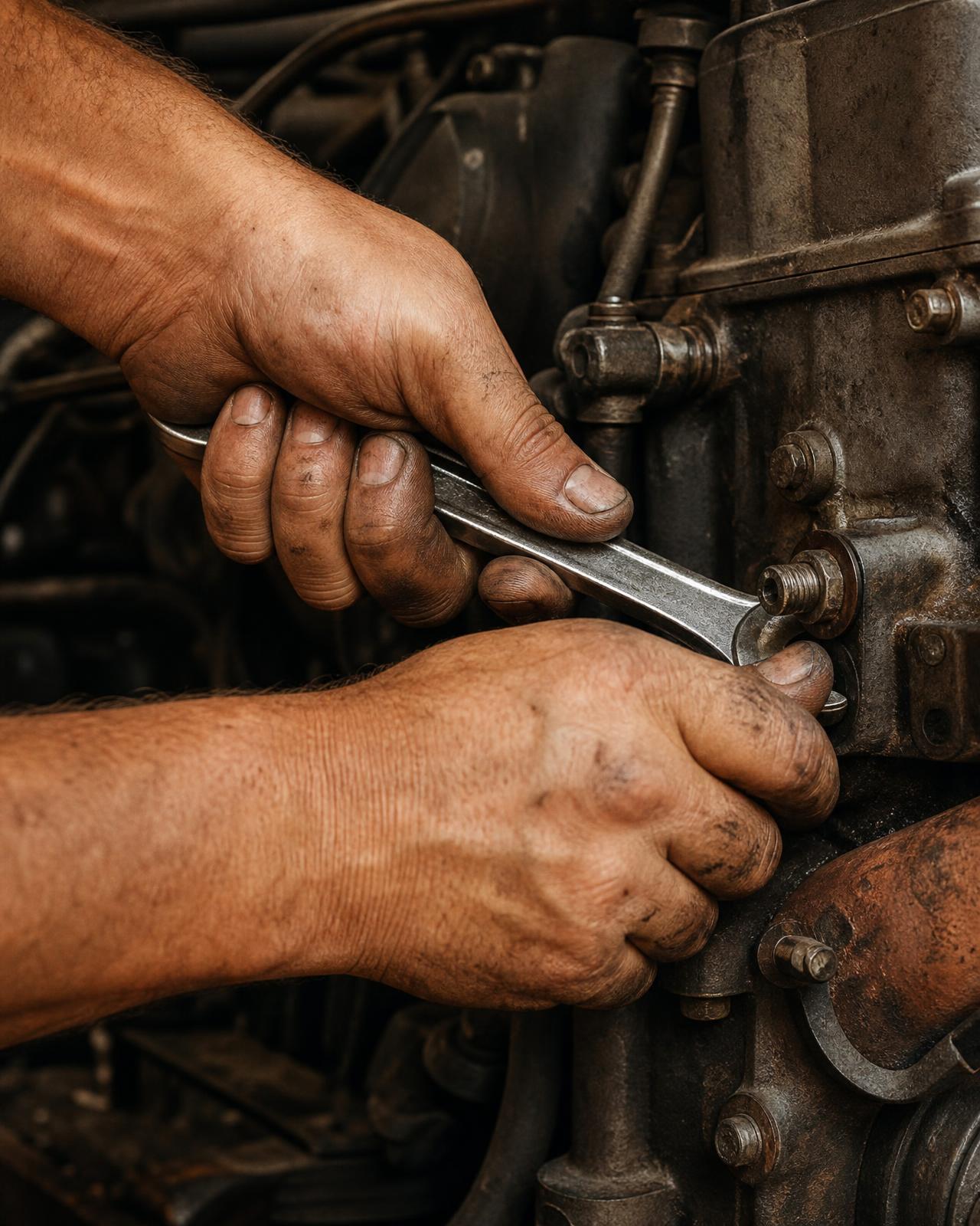 A mechanic's hands resting after finishing a repair