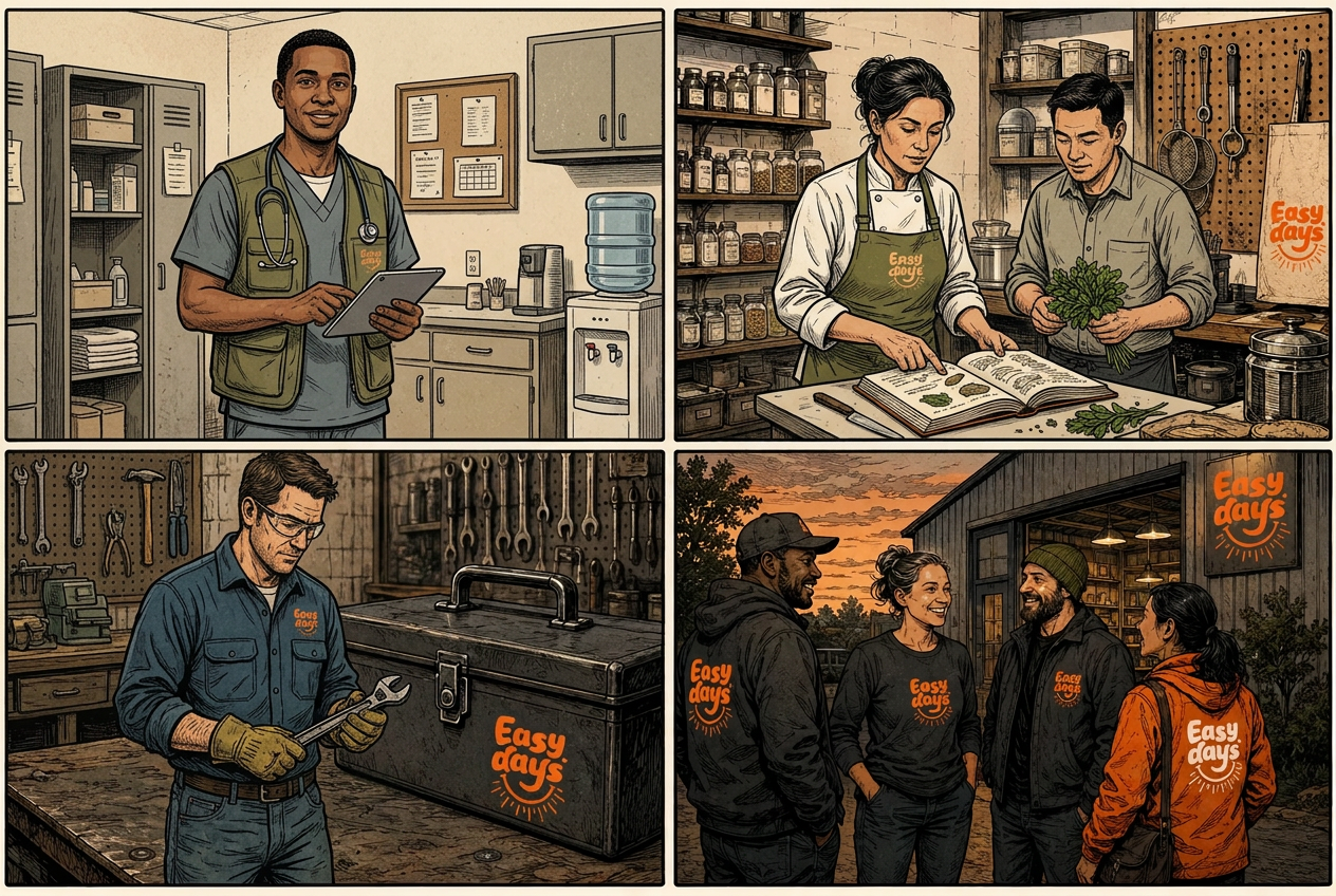 Hand-inked Easy Days comic in four panels: a nurse in scrubs holding a tablet in a clinic, a chef in a working kitchen reviewing ingredients, a blue-collar trades worker using a wrench at a workbench, and a diverse crew talking outside the workshop at dusk in Easy Days clothing.