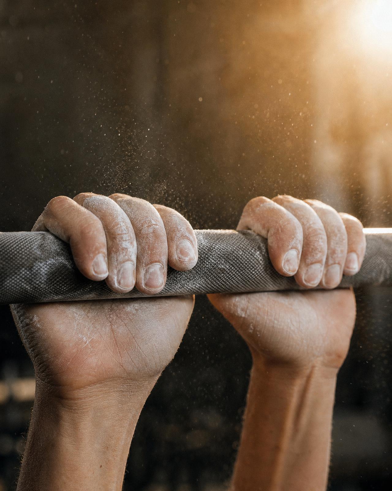 Hands dusted with chalk at the end of a training session