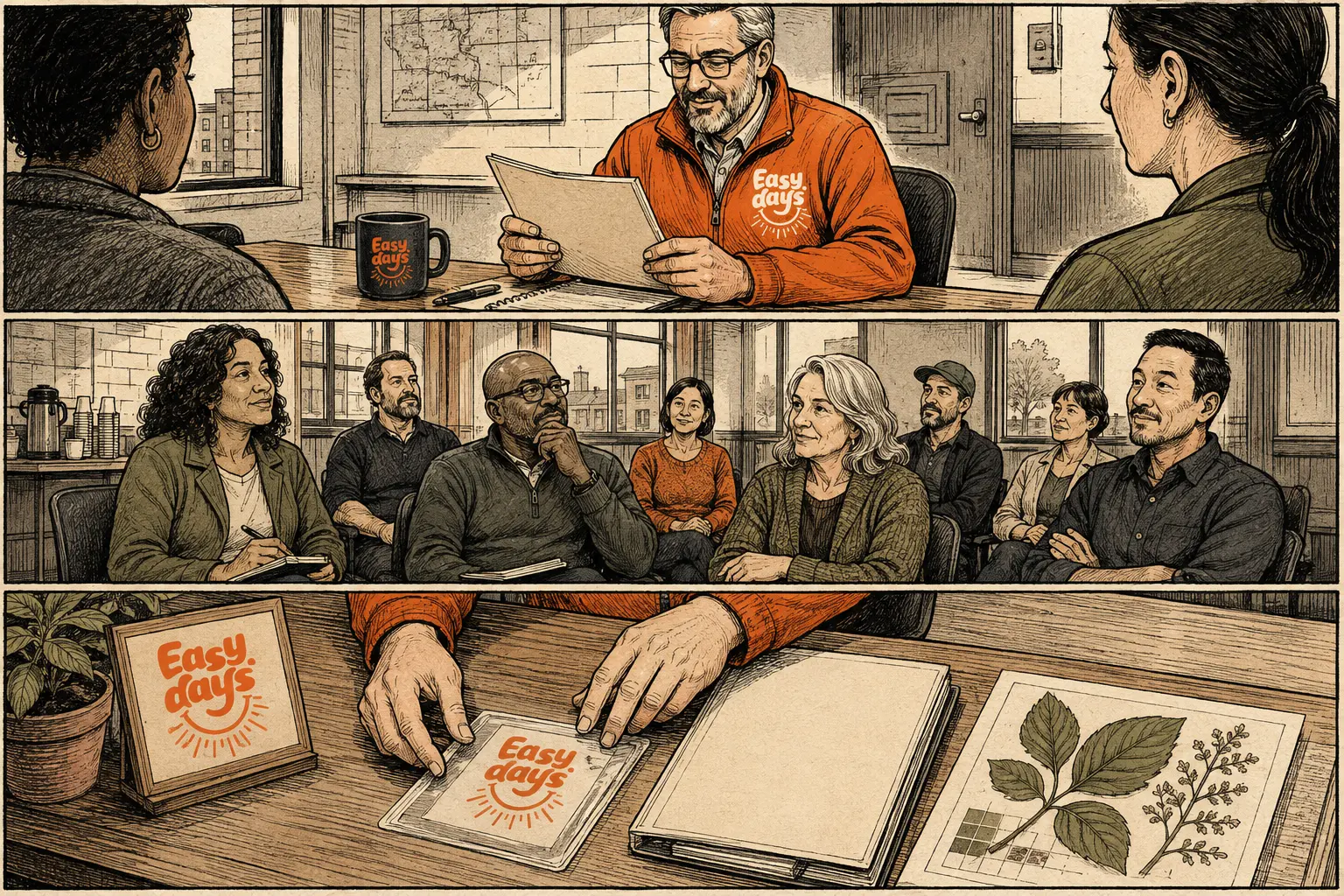 Hand-inked Easy Days comic in three panels: a man in an orange Easy Days jacket presenting documents across a meeting-room table, a room of community members listening at a public session, and hands laying out Easy Days materials and a botanical reference sheet on a table.