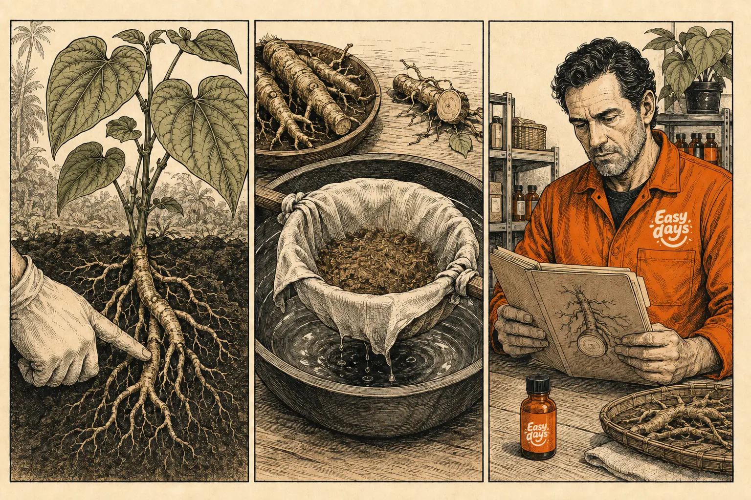 Hand-inked Easy Days comic in three panels: a hand lifting a kava plant's roots from the soil, kava root steeping and straining through cloth into a bowl, and a person in an orange Easy Days jacket studying a reference book beside a small bottle.