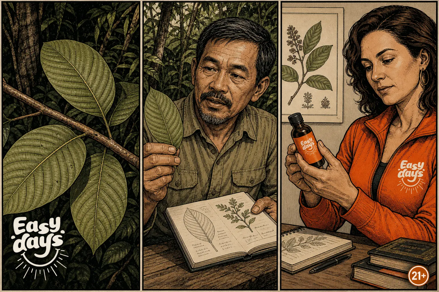 Hand-inked Easy Days comic in three panels: kratom leaves on a branch in dense forest with the Easy Days logo, a grower holding up a single leaf beside an open field notebook of botanical sketches, and a woman in an orange Easy Days jacket examining a small Easy Days bottle at a desk under a framed botanical print.