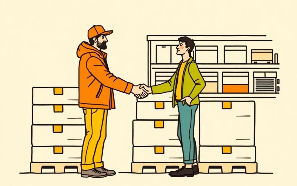 Illustration of a handshake between partners beside stacked pallets