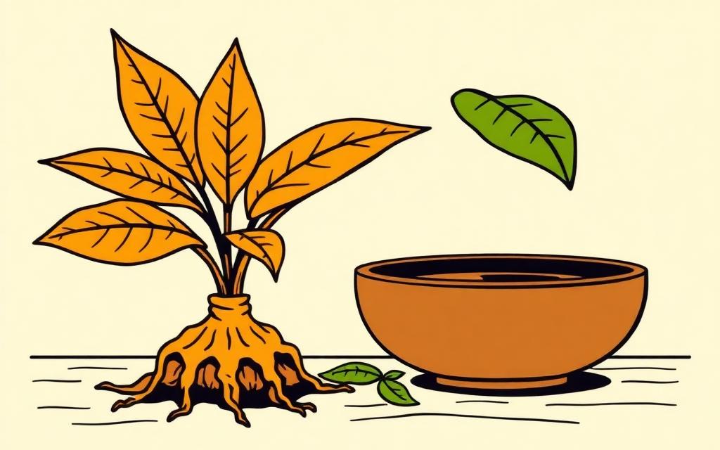 Illustration of a kava plant and a bowl of prepared kava