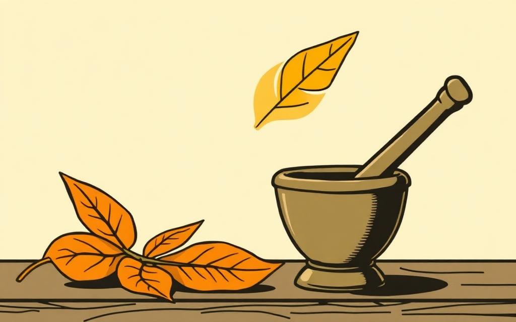 Illustration of kratom leaves with a mortar and pestle