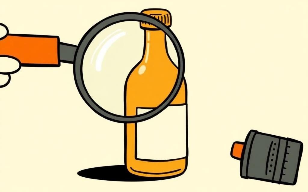 Illustration of a magnifying glass over a labeled bottle
