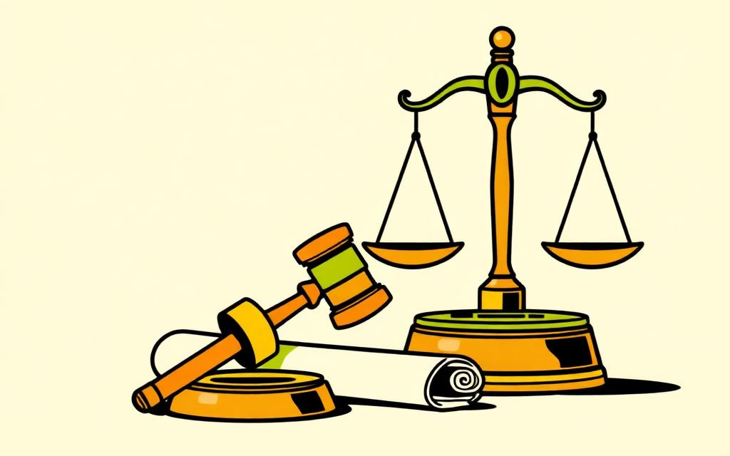Illustration of a gavel, balance scale and a rolled document