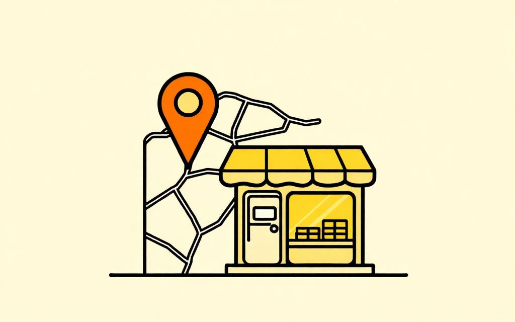 Illustration of a map pin next to a small storefront