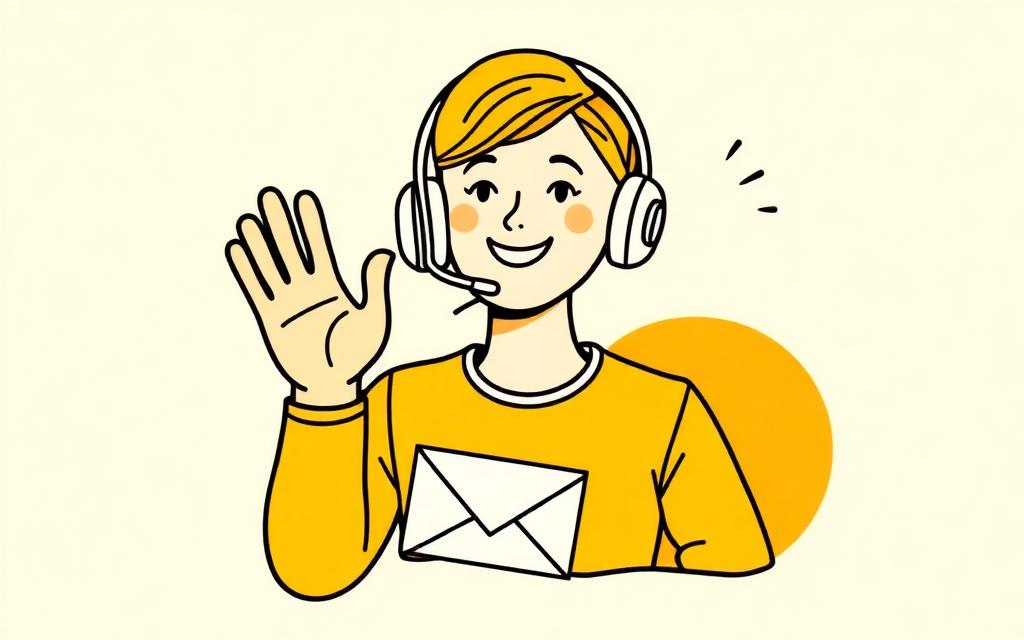 Illustration of a support agent waving with an envelope