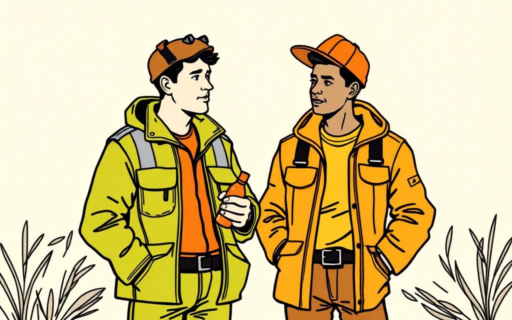 Illustration of two workers on a break, one holding a bottle